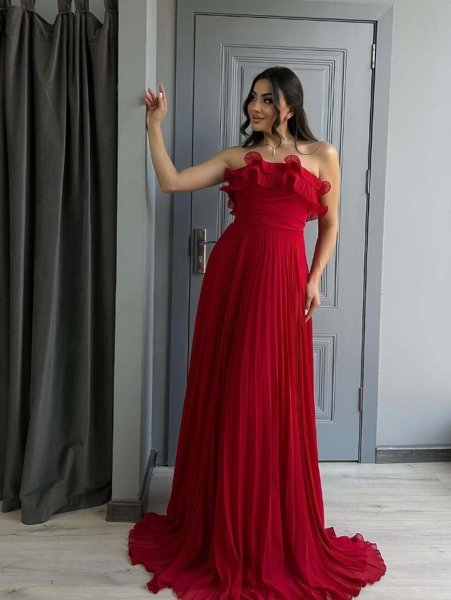 Charming Red A Line Strapless Chiffon Long Prom Dress Wedding Guest Dress DP4322