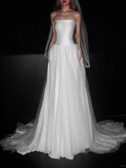Classic Simple A Line Strapless White Tulle Satin Wedding Dress DP5187