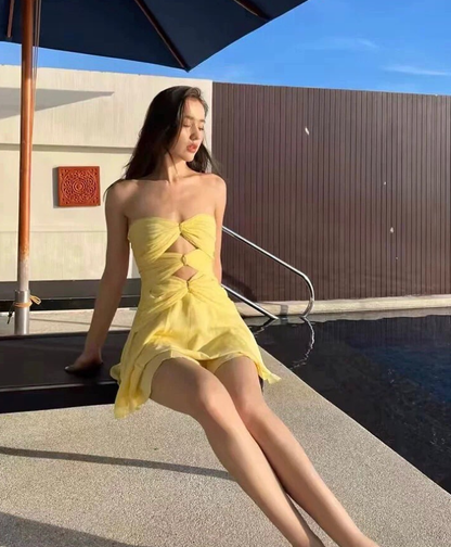 Cute Yellow A Line Sweetheart Neck Chiffon Short Homecoming Outfits DP4259