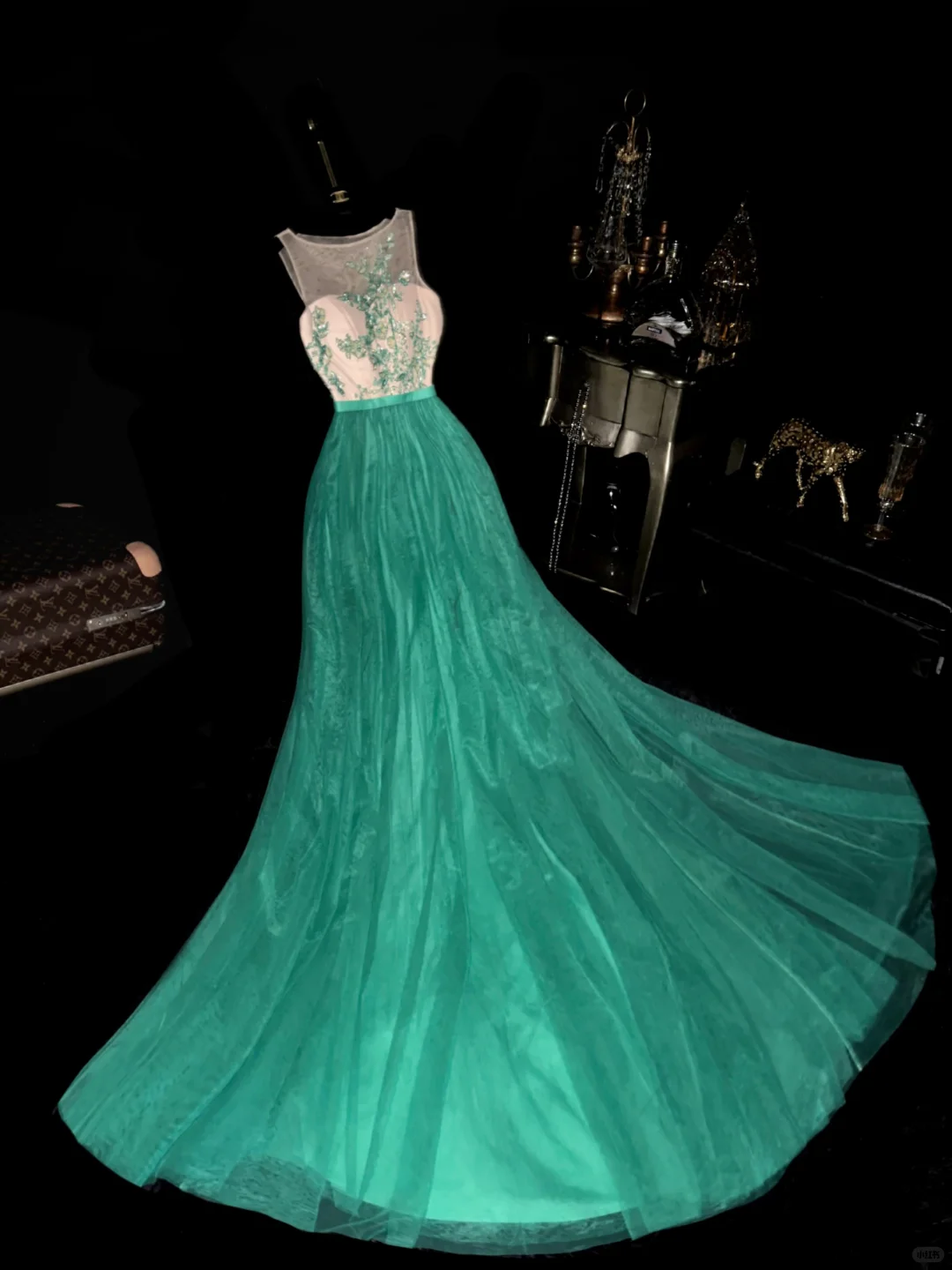 Green A Line Round Neck Embroidery Tulle Prom Dress Party Evening Dress DP5344