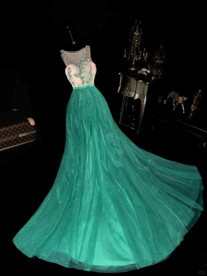 Green A Line Round Neck Embroidery Tulle Prom Dress Party Evening Dress DP5344