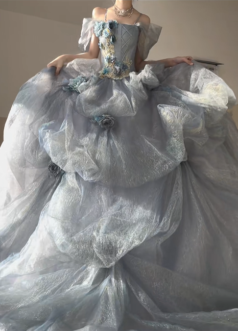 Stunning Blue Ball Gown Off the Shoulder Beaded Floral Tulle Prom Dress Party Dress DP4594