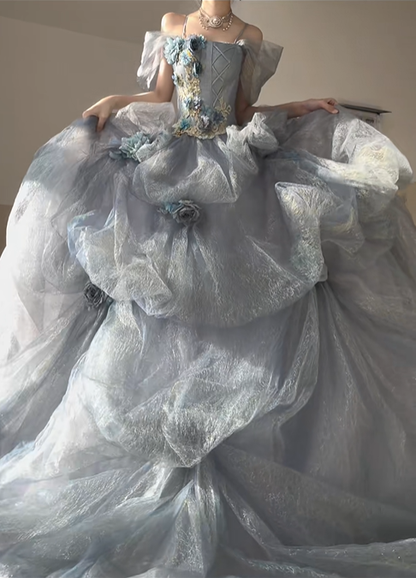 Stunning Blue Ball Gown Off the Shoulder Beaded Floral Tulle Prom Dress Party Dress DP4594