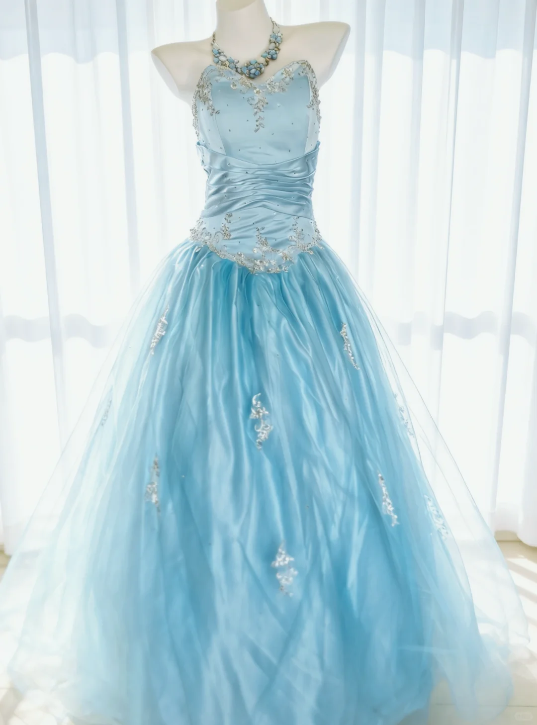 Vintage A Line Strapless Beaded Baby Blue Satin Tulle Prom Dress Evening Dress DP4726