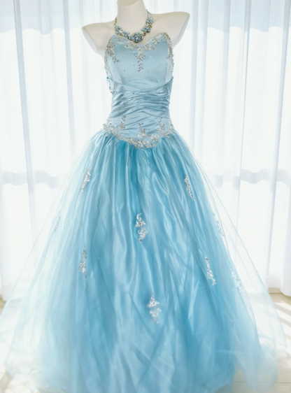 Vintage A Line Strapless Beaded Baby Blue Satin Tulle Prom Dress Evening Dress DP4726