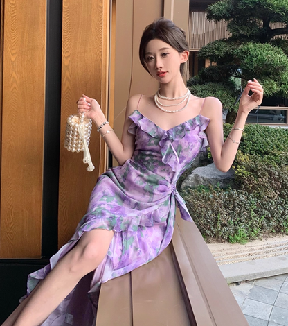 Mermaid Strap Print Floral Purple Chiffon Party Dress Evening Dress Outfits DP3406