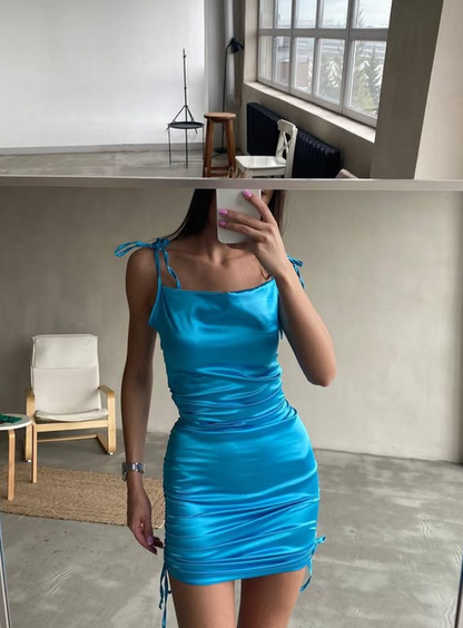 Bright Blue Sheath Spaghetti Strap Pleated Satin Short Homecoming Dress Outfits DP3887