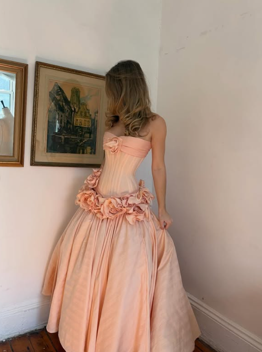 Light Pink Princess A Line Strapless 3D Flower Satin Long Prom Dress Evening Dress DP6794