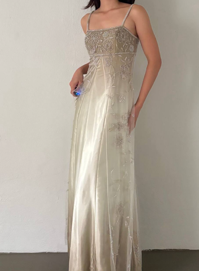 Vintage Unique A Line Spaghetti Strap Beaded Satin Tulle Prom Dress DP4827