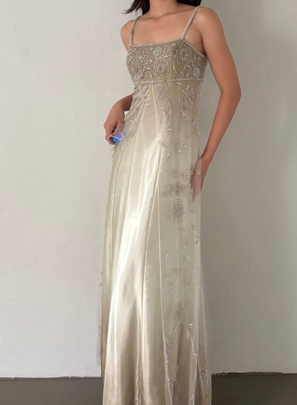 Vintage Unique A Line Spaghetti Strap Beaded Satin Tulle Prom Dress DP4827