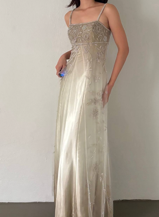 Vintage Unique A Line Spaghetti Strap Beaded Satin Tulle Prom Dress DP4827
