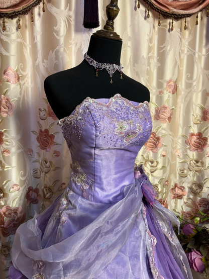 Pretty Purple Ball Gown Strapless Floral Embroidery Organza Satin Prom Dress Party Dress DP3183