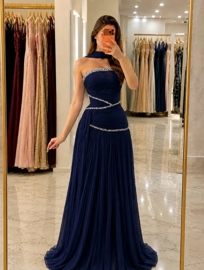 Stunning Navy Blue A Line Strapless Shiny Rhinestone Chiffon Prom Dress Evening Dress DP5634