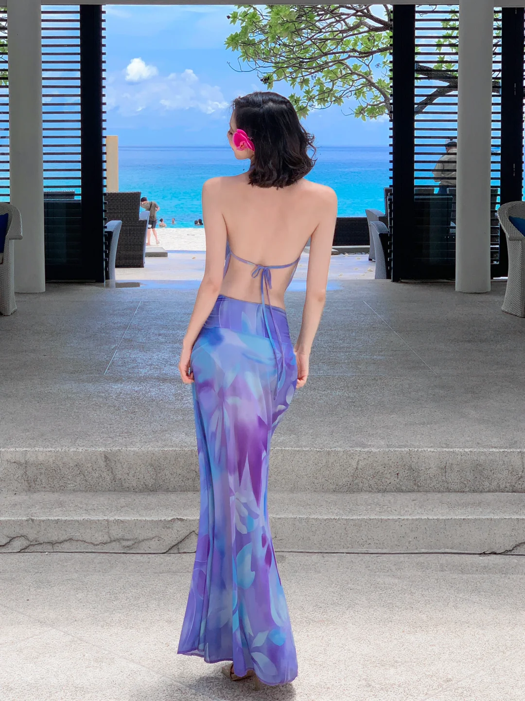 Two Piece Mermaid Halter Purple Print Floral Chiffon Long Prom Dress Outfits DP3849