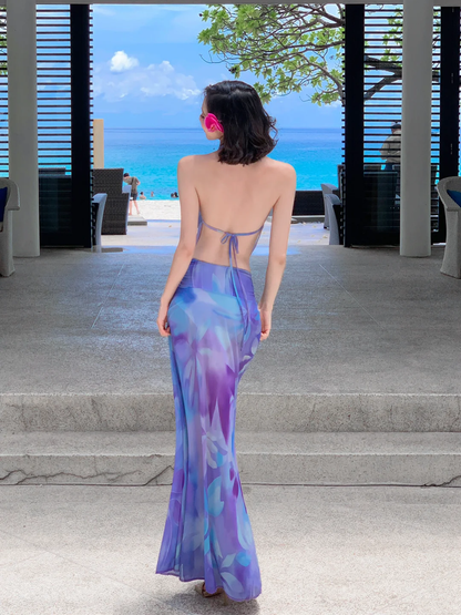 Two Piece Mermaid Halter Purple Print Floral Chiffon Long Prom Dress Outfits DP3849