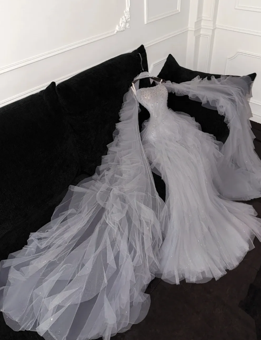 Grey A Line Strapless Beaded Ruffle Tulle Party Dress Evening Dress DP2868