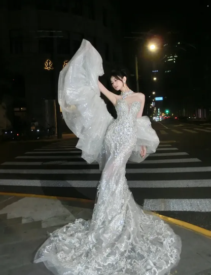 Elegant Mermaid Sweetheart Neck Sequin Beaded White Tulle Long Prom Dress Wedding Dress DP4649