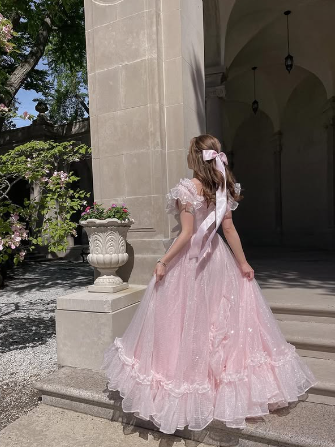 Stunning Light Pink A Line V Neck Tulle Prom Dress Outfits with Slit DP4456