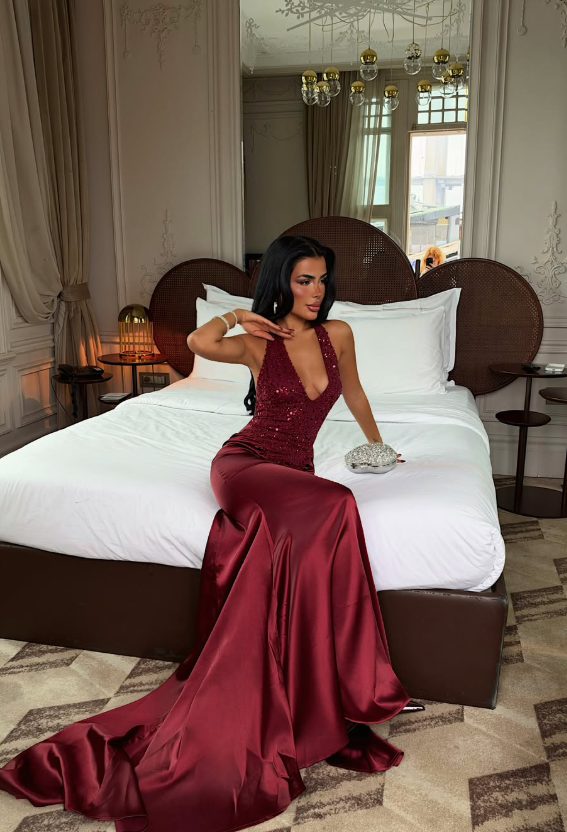 Elegant Burgundy Mermaid V Neck Sequin Satin Prom Dress Party Dress DP8204