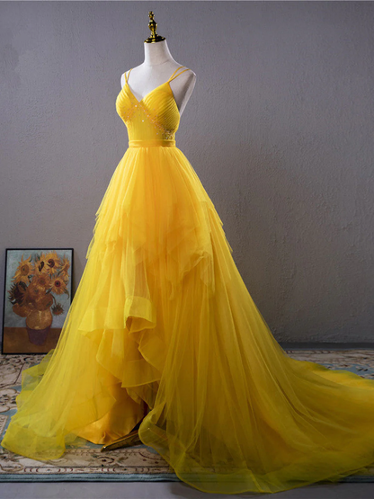 Yellow V Neck Tulle Beaded Long Prom Dress Evening Dress DP640