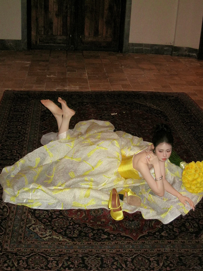 Charming A Line Sweetheart Neck Yellow Satin Long Sweep Party Dress Prom Dress DP2509
