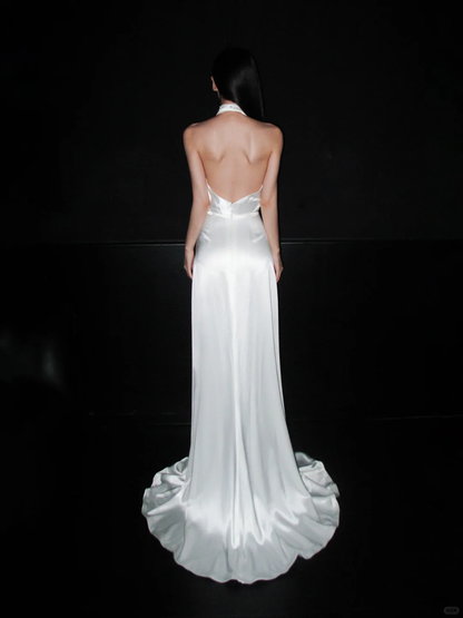 Simple High-class A Line Halter Pearl White Satin Backless Long Wedding Dress DP6376