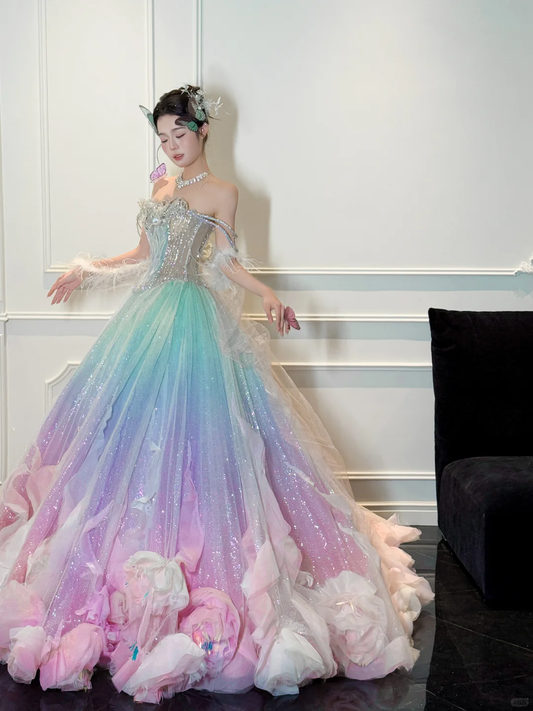 Dreamy Multi-Color Ball Gown Off the Shoulder Sequin Tulle Prom Dress DP4292