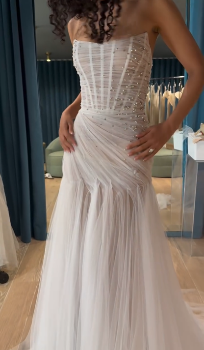 Stunning Mermaid Strapless Beaded Pearl Corset Tulle Satin Long Wedding Dress DP4308