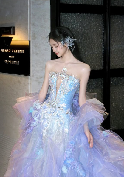 Dreamy Purple Ball Gown V Neck Exquisite Beaded Organza Long Prom Dress DP4605
