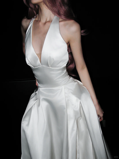 Stunning A Line Halter White Satin Backless Long Wedding Dress DP5201