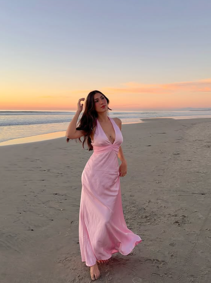 Pink Mermaid Halter Satin Open Back Prom Dress Evening Dress Vacation Dress DP5609