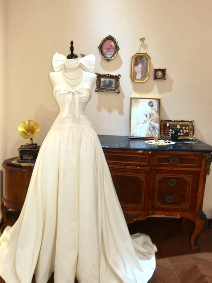 Cute A Line Sweetheart Neck Ivory Satin Long Prom Dress Wedding Dress DP7032