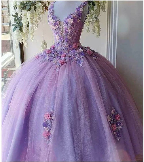 Lavender Princess Tulle Long Prom Dress Flower Ball Gown Quinceanera Dress DP692