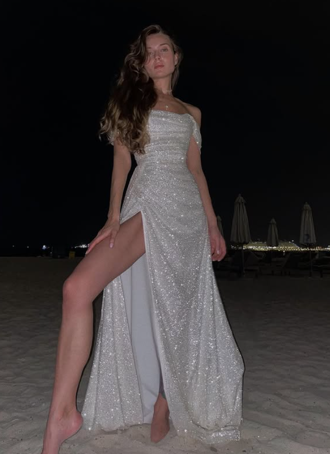 Elegant White A Line Off the Shoulder Sequin Prom Dress with Slit DP4416
