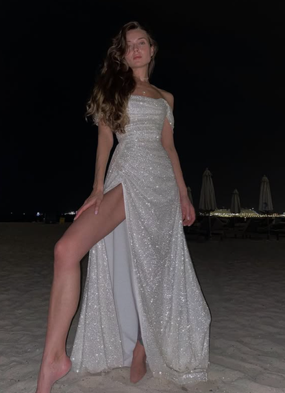 Elegant White A Line Off the Shoulder Sequin Prom Dress with Slit DP4416