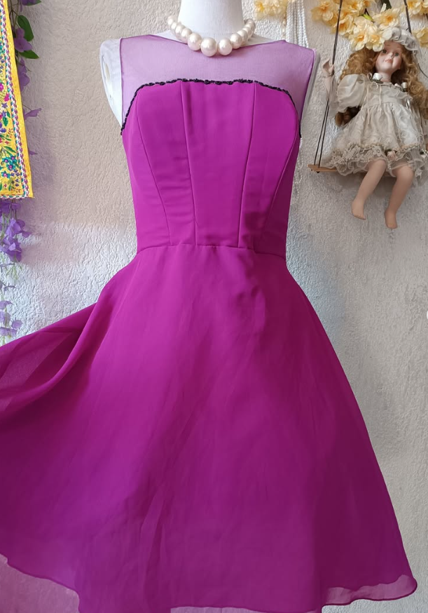 Vintage A Line Round Neck Hot Pink Tulle Satin Short Homecoming Dress Evening Dress DP1634