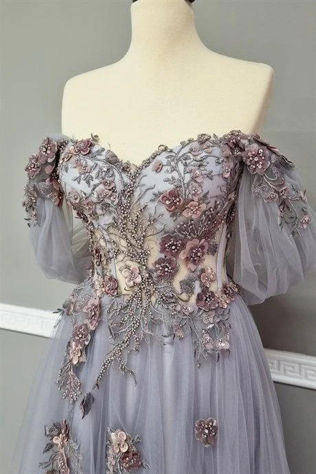 Pink Off The Shoulder Tulle Applique Long Prom Dress Fairy Evening Dress DP098
