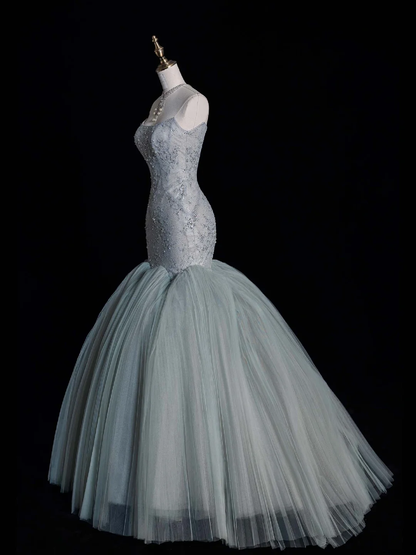 Stunning Mermaid Strapless Appliques Green Tulle Party Dress Evening Dresses DP2357