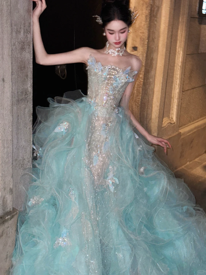 Elegant Ball Gown Strapless Beaded Butterfly Blue Organza Prom Dress 16th Birthday Dress DP4245