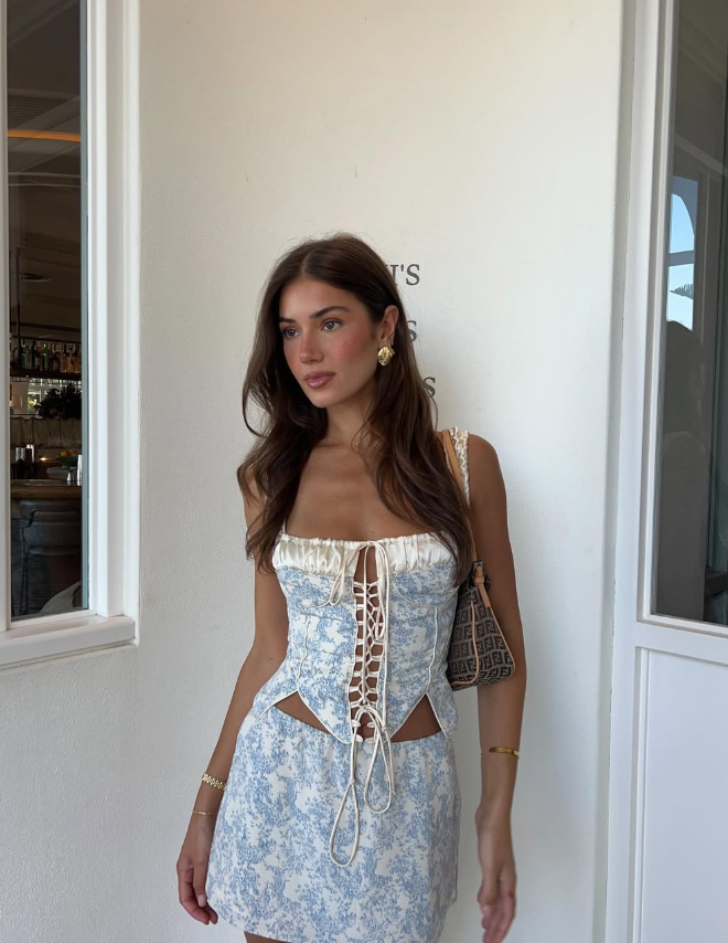 Two Piece Blue Print Floral Satin Short Homecoming Dress Date Dress Cocktail Dress DP2997