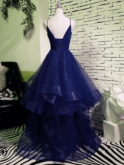 Shiny Navy Blue V Neck Tulle Long Prom Dress Evening Dress DP315