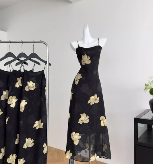 Black A Line Spaghetti Straps Yellow Floral Chiffon Vacation Dress Prom Dress Outfits DP3551