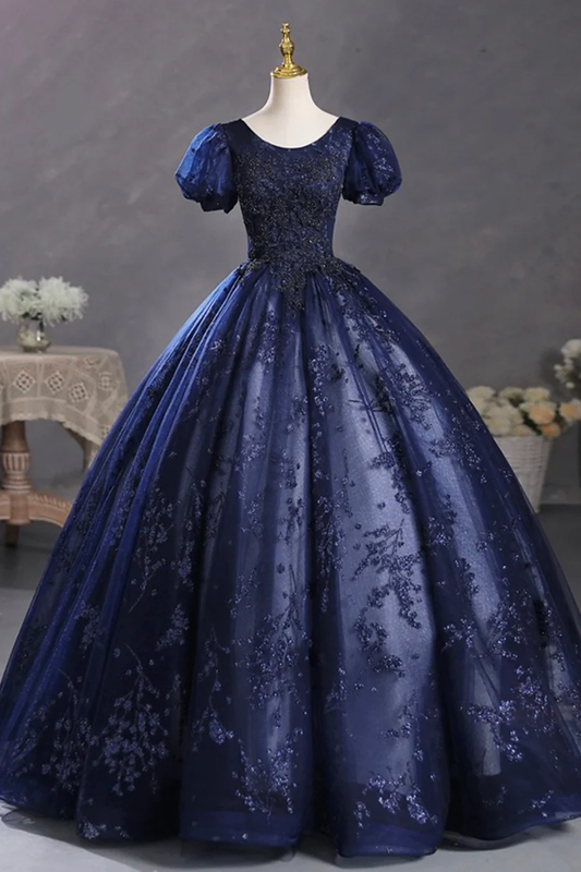 Navy Blue Appliques Beaded Long Prom Dress Evening Party Dress Ball Gown DP489