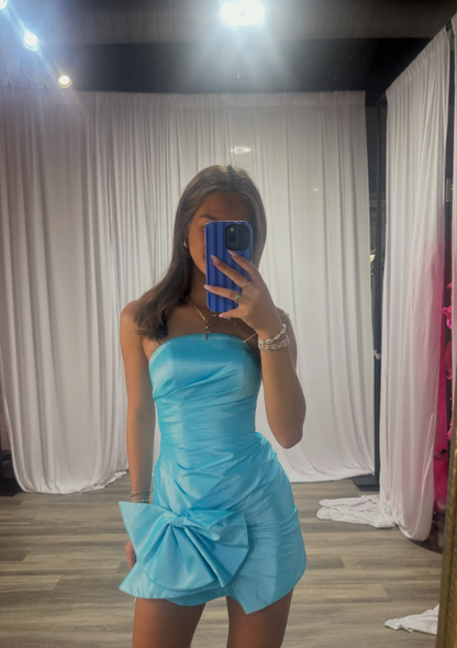 Blue Bow Sheath Strapless Satin Short Prom Dress Homecoming Dress DP7125