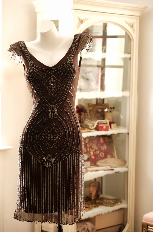 Vintage Dark Brown Beading Chiffon Short Prom Dress Homecoming Dress DP5446