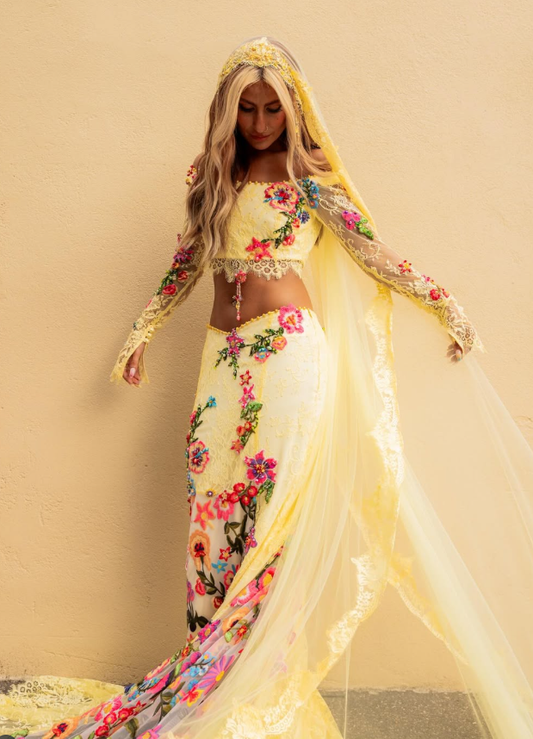 Floral Exquisite Two Piece Mermaid Long Sleeve Yellow Lace Tulle Prom Dress Wedding Dress DP3388