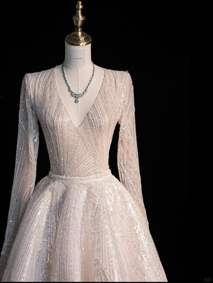 Light Apricot A Line Long Sleeve V Neck Beaded Tulle Long Prom Dress Formal Dress DP3237