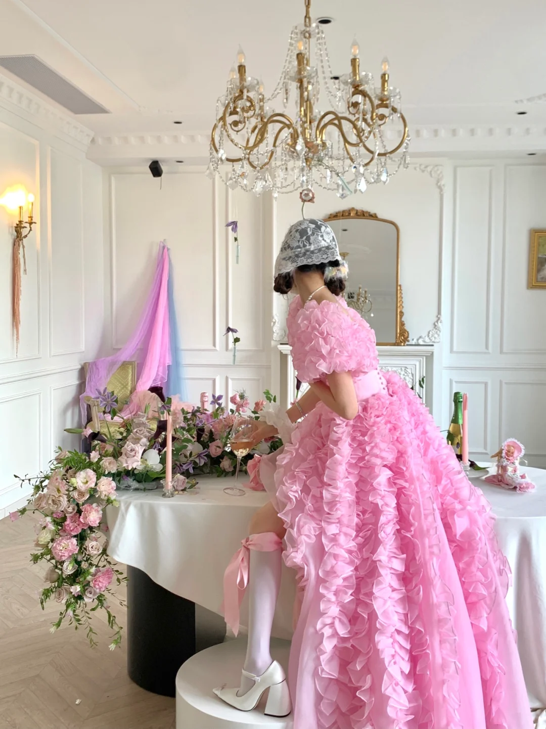 Pink Ball Gown Puff Flower Chiffon Long Party Dress Birthday Dress with Slit DP2502