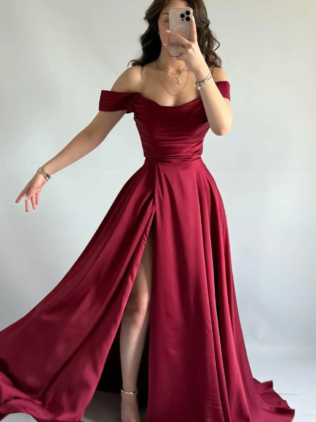 Simple Burgundy A Line Off the Shoulder Satin Prom Dress Evening Dress DP5259