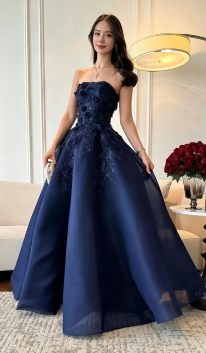 Elegant Navy Blue A Line Strapless Beaded Tulle Long Prom Dress DP5062